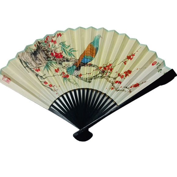 Chinese Folding Hand Fan Dove Floral CAAC VTG Decor 🕊️🌸 - Picture 15 of 16